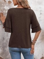 Womens Blouses V Neck Ruffle Sleeve T Shirts Double Tiered Bell Sleeve... - Image 3