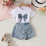 child Younger Woman Garments Outfits Cute Candy Bowknot Print T-Shirt + Bowk... - Image 6