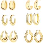6 Pairs 14K Gold Hoop Earrings for Women Lightweight Chunky Hoop Earri... - Image 2