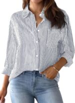 AISEW Womens Button Down Shirts Striped Traditional Lengthy Sleeve Collared O... - Image 2