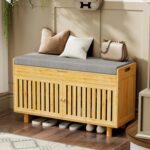 Shoe Storage Bench, Bamboo Entryway Bench with 2 Doorways & Padded Seat C... - Image 2