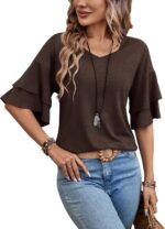 Womens Blouses V Neck Ruffle Sleeve T Shirts Double Tiered Bell Sleeve... - Image 2
