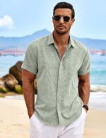 COOFANDY Males's Linen Shirts Quick Sleeve Informal Shirts Button Down Shi... - Image 3