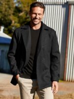 Bbalizko Mens Traditional Pea Coat Notched Collar Double Breasted Slim Match... - Image 3