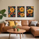 SIKERIC Classic Orange Floral Wall Artwork Set of three, Mid Century Flower Fr... - Image 3