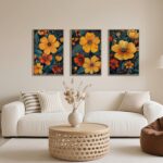 SIKERIC Classic Orange Floral Wall Artwork Set of three, Mid Century Flower Fr... - Image 4