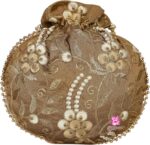 Potli Bag for Ladies Ethnic Gold, Pearl Deal with Floral Accents, Drawstri... - Image 3