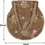Potli Bag for Ladies Ethnic Gold, Pearl Deal with Floral Accents, Drawstri... - Image 6