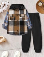 MIGU Boys Garments Style Lengthy Sleeve Sweatsuit Hooded Flannel Plaid B... - Image 6