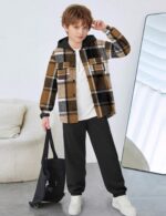 MIGU Boys Garments Trend Lengthy Sleeve Sweatsuit Hooded Flannel Plaid B... - Image 3