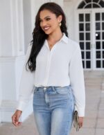 Ladies's Button Down Shirt Basic Lengthy Sleeve Collared Tops Work Offic... - Image 5