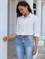 Ladies's Button Down Shirt Basic Lengthy Sleeve Collared Tops Work Offic... - Image 6