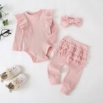 Fullfamous Child Lady's 3pc Rib Frill Lengthy Sleeve Romper and Pant Set - Image 3