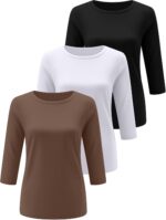 Ficerd 3 Pack 3/4 Sleeve Tops for Ladies Spherical Neck Dressy Fundamentals Tees ... - Image 3