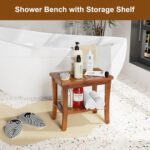 Teak Wooden Bathe Bench Stool with Storage Shelf, Wood Waterproof Bat... - Image 3
