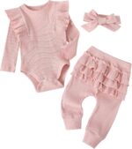 Fullfamous Child Lady's 3pc Rib Frill Lengthy Sleeve Romper and Pant Set - Image 2
