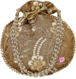 Potli Bag for Ladies Ethnic Gold, Pearl Deal with Floral Accents, Drawstri... - Image 2