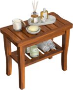 Teak Wooden Bathe Bench Stool with Storage Shelf, Wood Waterproof Bat... - Image 2