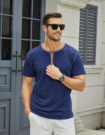 Males's Informal Henley Shirts Traditional Button Cotton Brief Sleeve T-Shirt ... - Image 3