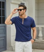 Males's Informal Henley Shirts Traditional Button Cotton Brief Sleeve T-Shirt ... - Image 4