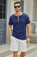 Males's Informal Henley Shirts Traditional Button Cotton Brief Sleeve T-Shirt ... - Image 5