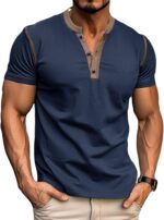 Males's Informal Henley Shirts Traditional Button Cotton Brief Sleeve T-Shirt ... - Image 2
