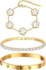 Womens Stackable Floral Gold Bracelets - 3Pcs 18K Gold Plated Bracelet... - Image 2