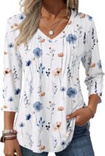 Zeagoo 3/4 Size Sleeve Womens Tops Informal V Neck Pleated Prime Boho Fl... - Image 2