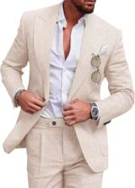 UNINUKOO Linen Go well with for Males Summer season Marriage ceremony 2 Piece Go well with Set Peak Lapel... - Image 2